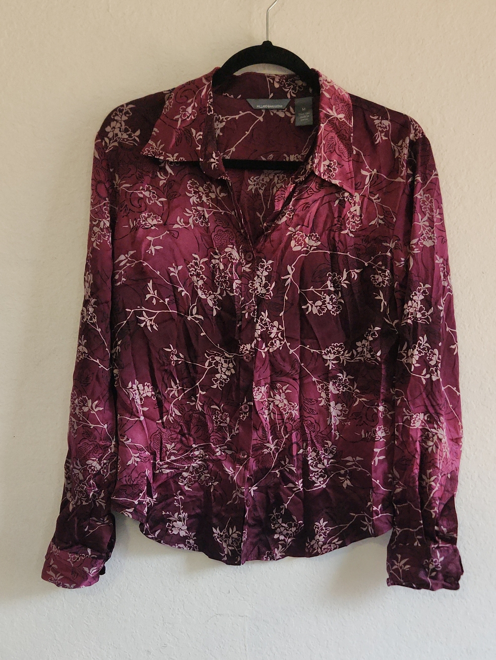 Dark Academia 100% Silk Magenta Floral Long Sleeve Button Down Business Casual